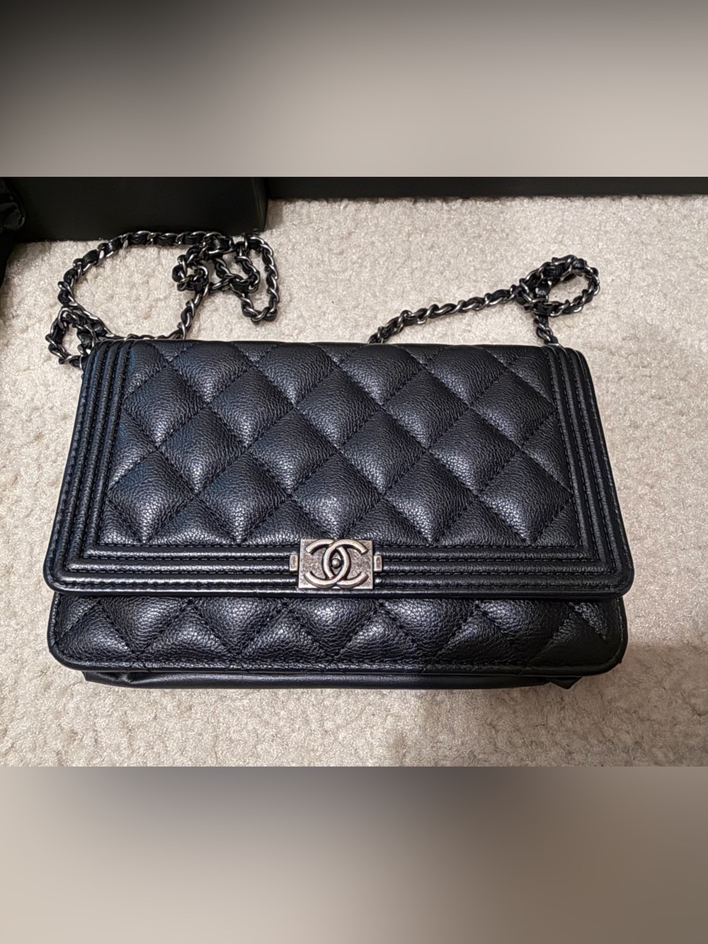 CHANEL Black Quilted Boy Shoulder Bag with Silver-Tone Hardware